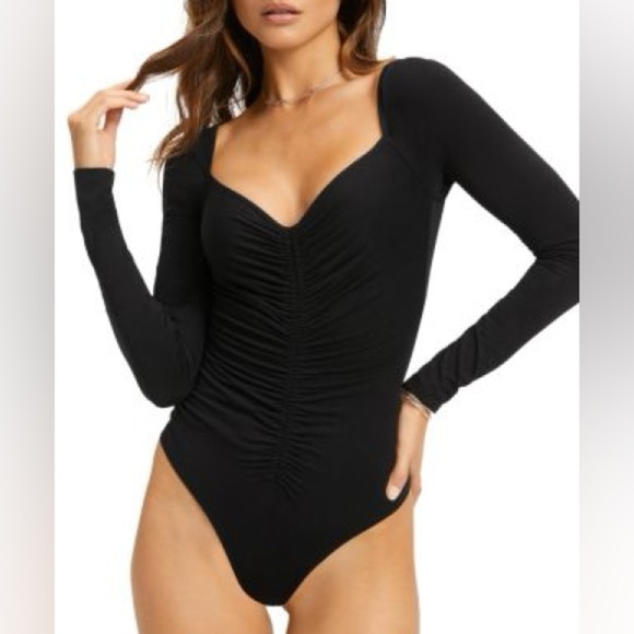 Good American Good Touch Ruched Thong Long Sleeve Bodysuit BLACK (3/Med) - Picture 2 of 4
